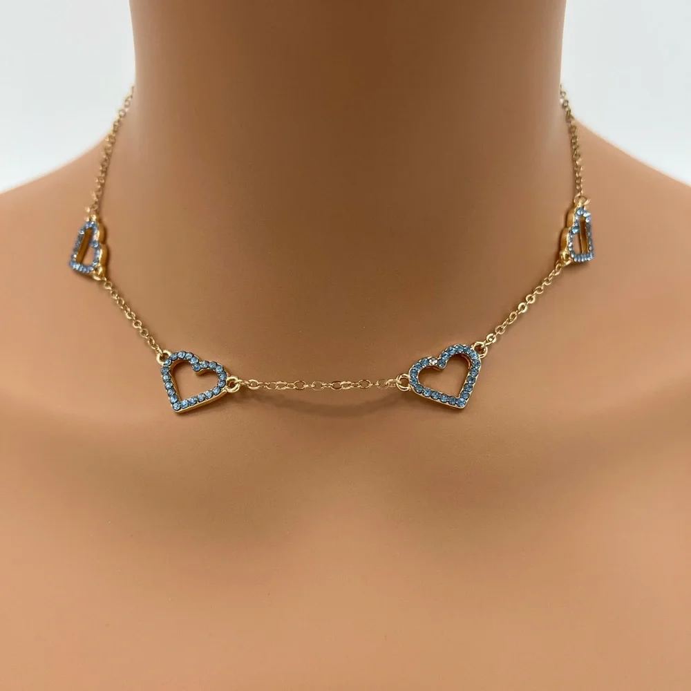 Blue Hearts Rhinestone Gold Necklace